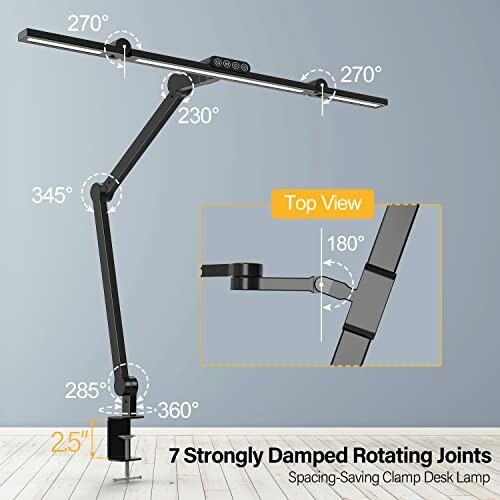 Adjustable desk lamp with 7 rotating joints and clamp base.