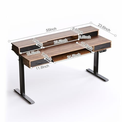 Adjustable standing desk with dimensions labeled.