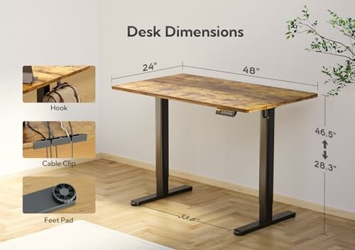 Adjustable wooden desk with dimensions and features.