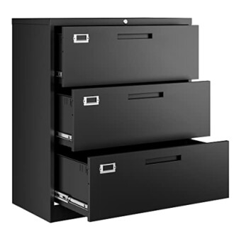 Black metal file cabinet with open drawers