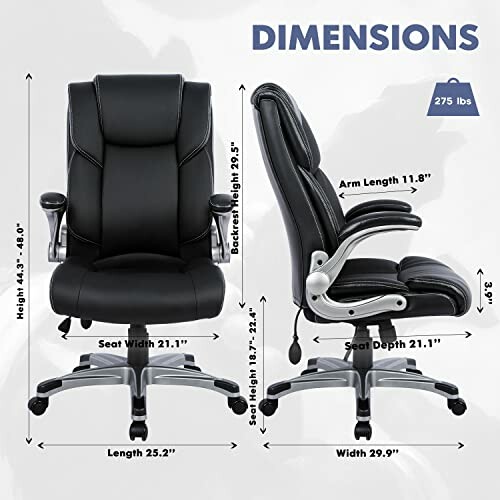 Black office chair dimensions with weight capacity of 275 lbs.