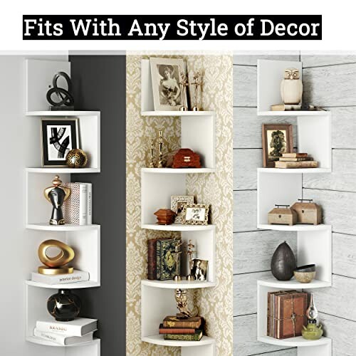 Three styles of corner wall shelves with various decorative items.