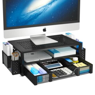 Desktop organizer with monitor stand, storage compartments, and office supplies.