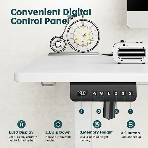 Desk with digital control panel and clock.