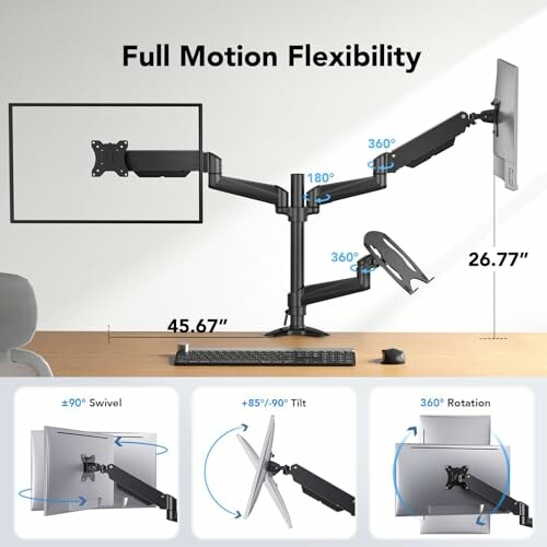 Dual monitor arm mount with full motion flexibility, showing swivel, tilt, and rotation features.