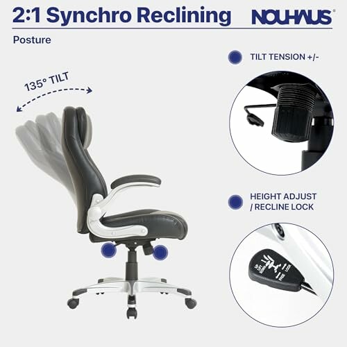 Ergonomic office chair with 2:1 synchro reclining feature, showing 135-degree tilt, tilt tension adjustment, and height adjust/recline lock.