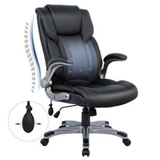 Black ergonomic office chair with lumbar support and adjustable armrests.