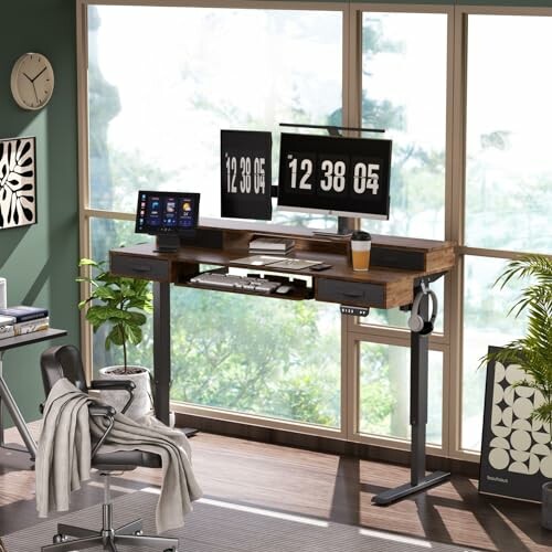 Modern home office with standing desk, dual monitors, and chair.