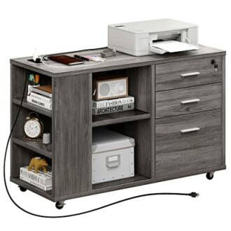 Modern office cabinet with printer and storage shelves.