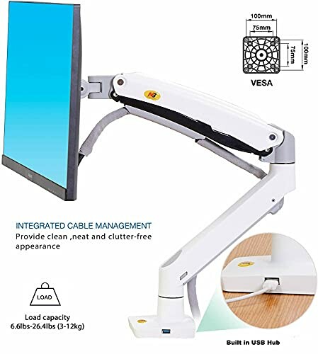 Monitor arm mount with integrated cable management and USB hub.