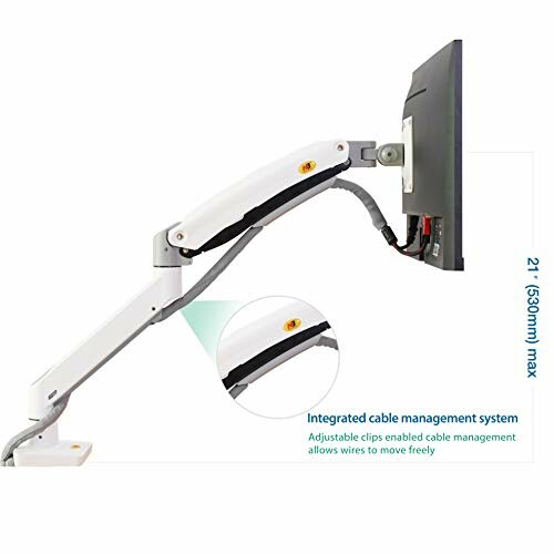 Adjustable monitor arm with cable management system.