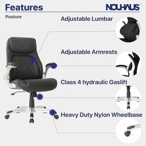 Nouhaus posture chair with adjustable lumbar, armrests, class 4 gaslift, and heavy-duty wheelbase.