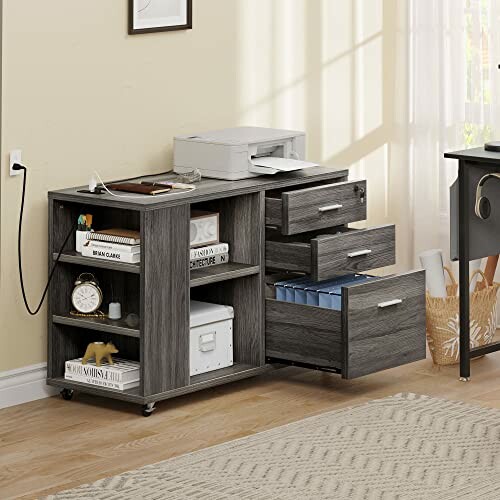 Office desk with printer, shelves, and open drawers.