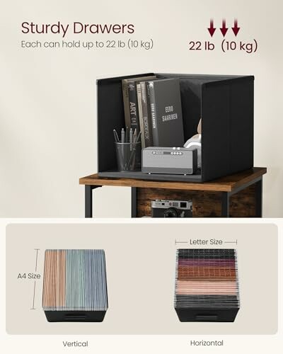 Sturdy drawers storage box on a table with weight capacity details and file organization options.