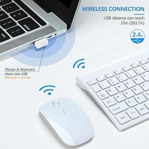 Wireless keyboard and mouse connected to a laptop with USB receiver.