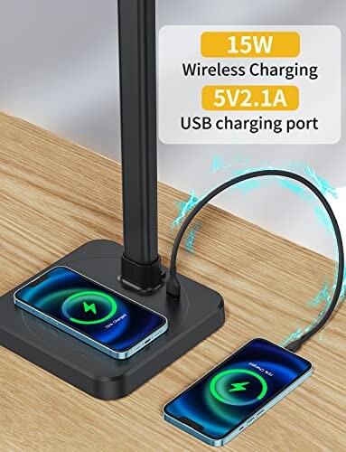 Wireless and USB charging station with two phones charging.