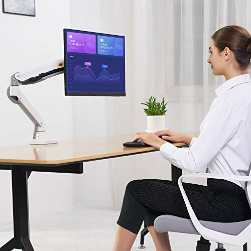 Woman sitting at a desk using a computer monitor.